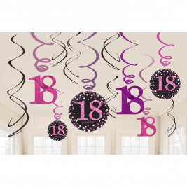 Pink Sparkling Celebration 18th Hanging Swirl Decorations - Pack of  12