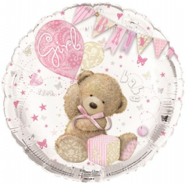 Round Baby Girl Foil Balloon (Bear, Balloon & Bunting )- 18Inch