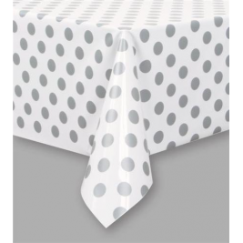 Silver Polka Dots Plastic Tablecover 54" x 108"