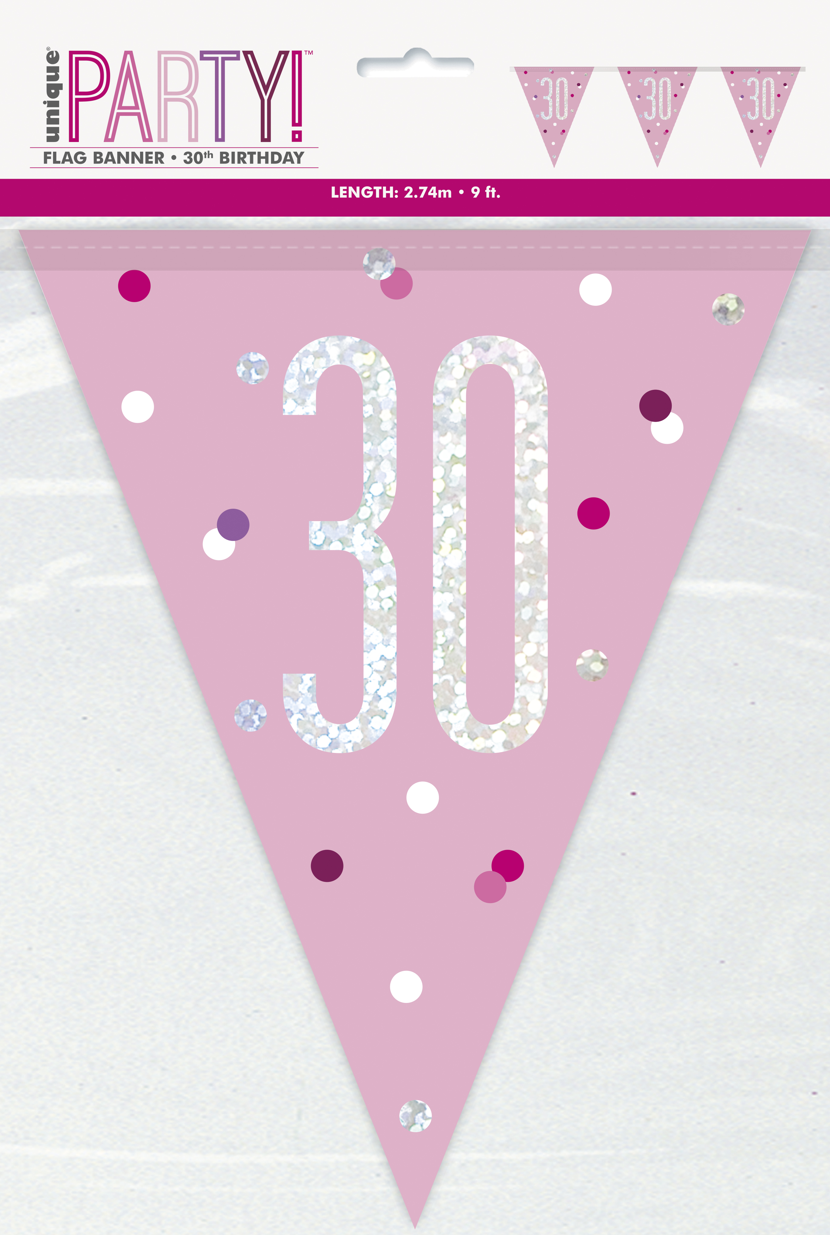 30th Birthday Glitz Pink Prismatic Plastic Pennant Banner