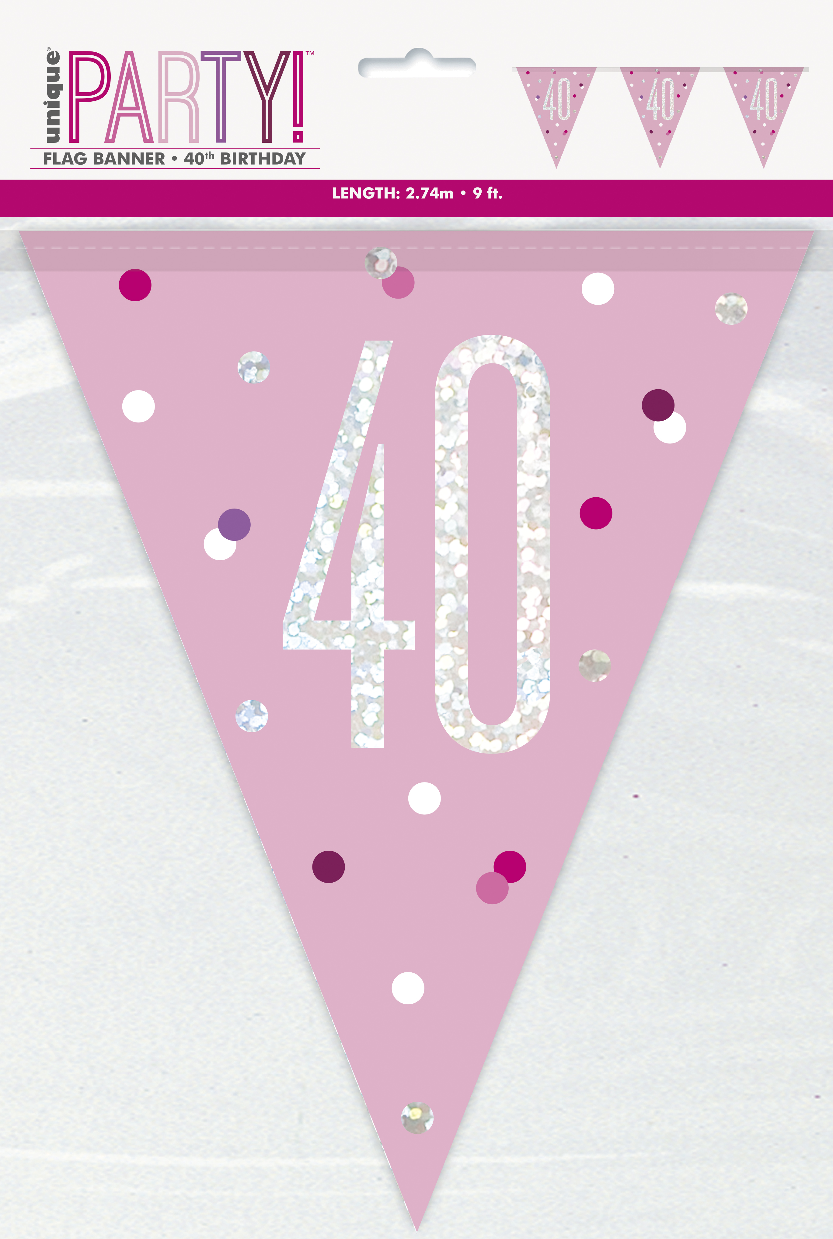 40th Birthday Glitz Pink Prismatic Plastic Pennant Banner