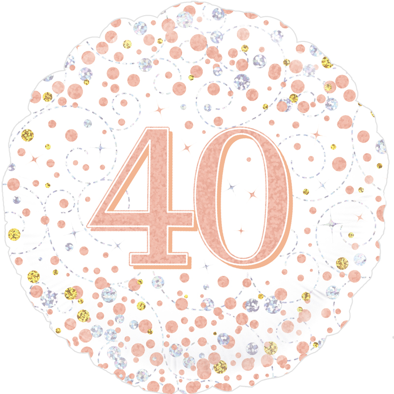 40th Sparkling Fizz Birthday White & Rose Gold Holographic 18 Inch Foil Balloon