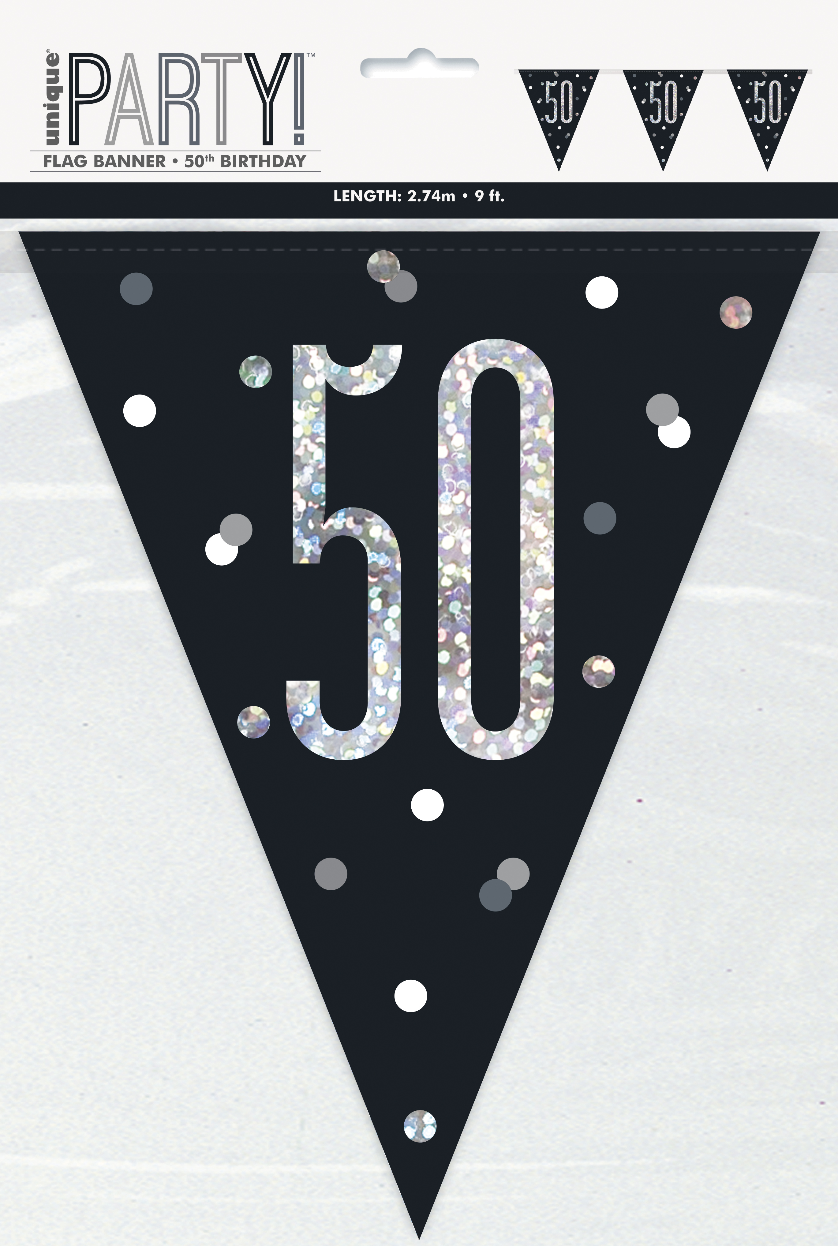 50th BIRTHDAY GLITZ BLACK PRISMATIC PLASTIC PENNANT BANNER