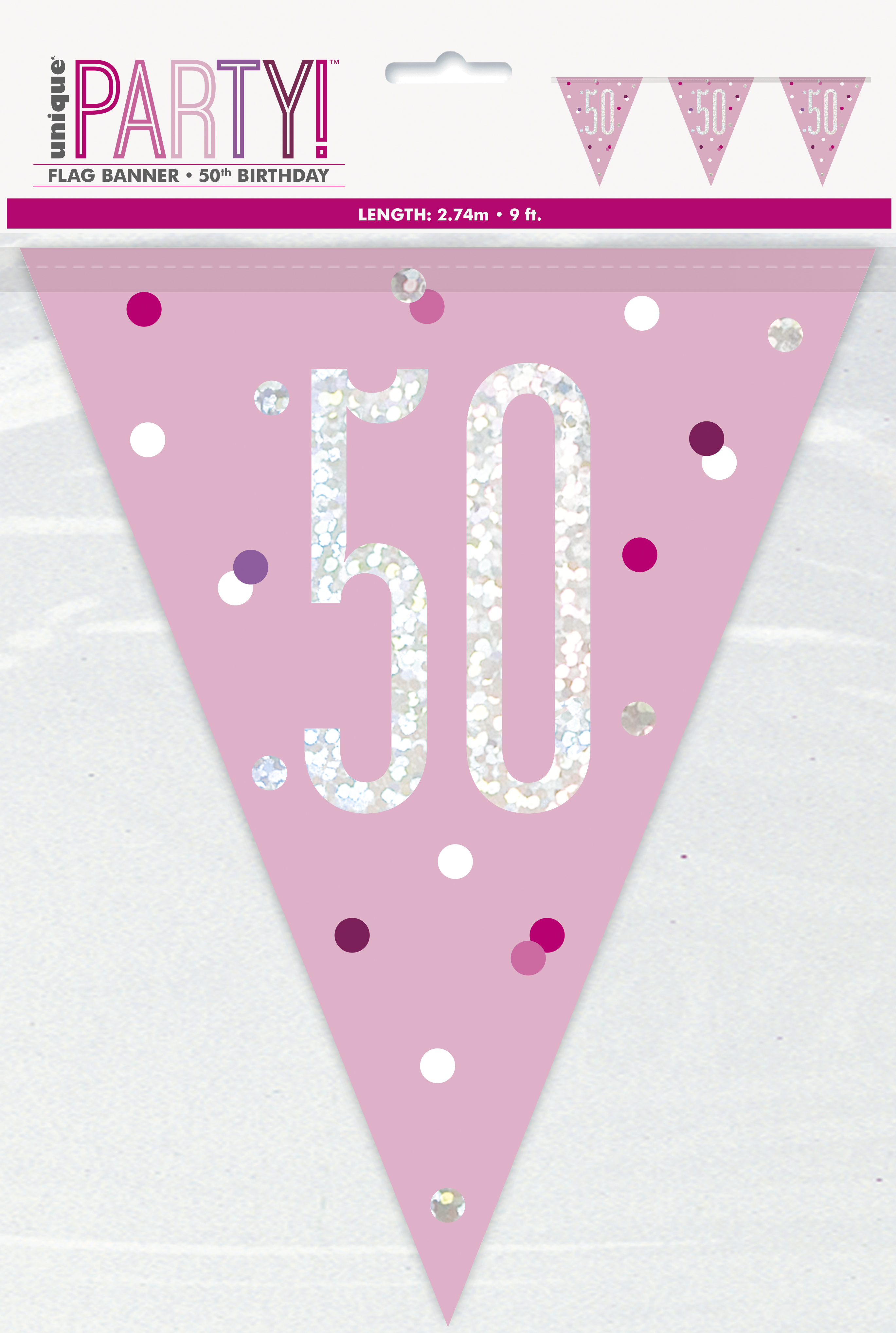 50th Birthday Glitz Pink Prismatic Plastic Pennant Banner