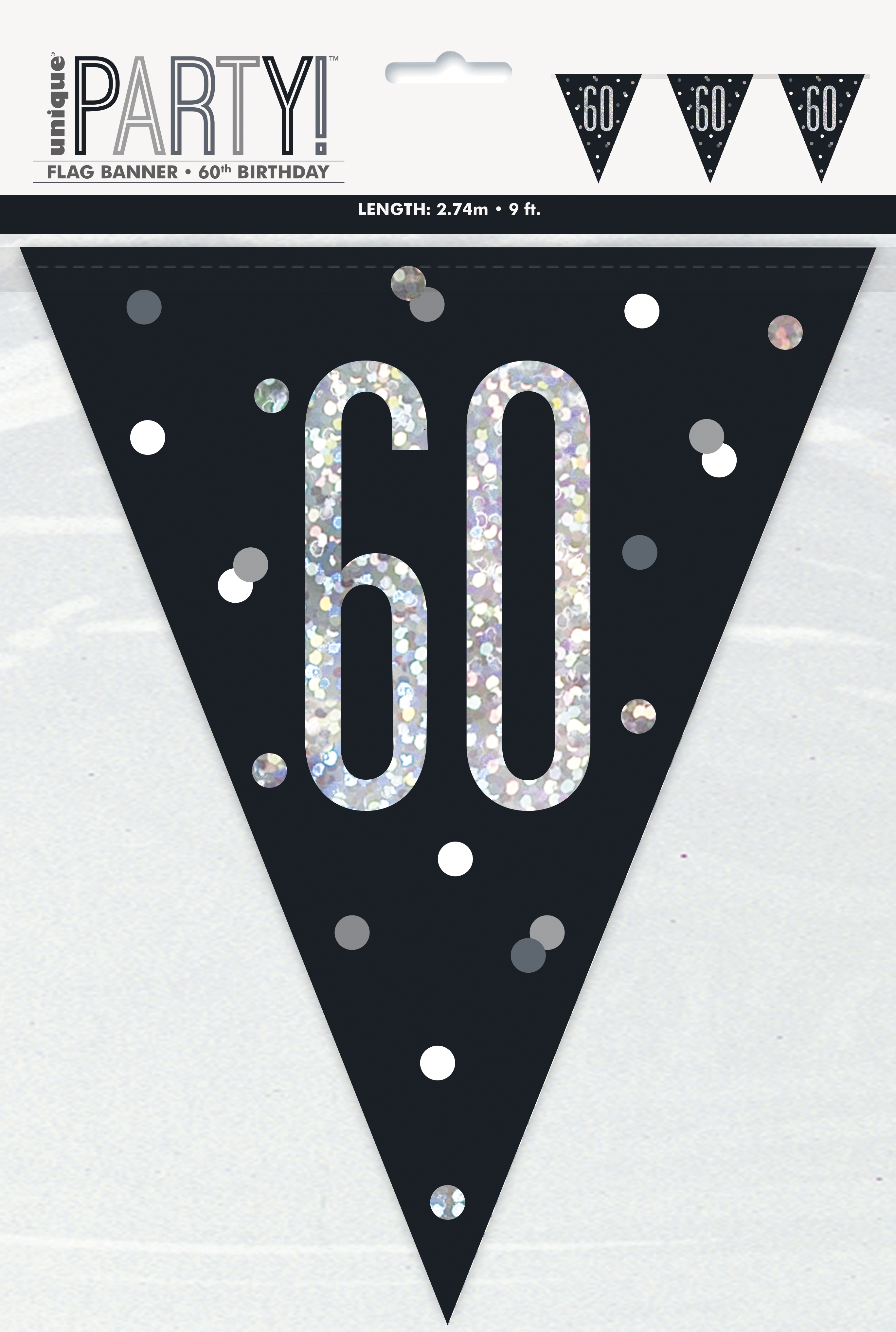 60th BIRTHDAY GLITZ BLACK PRISMATIC PLASTIC PENNANT BANNER