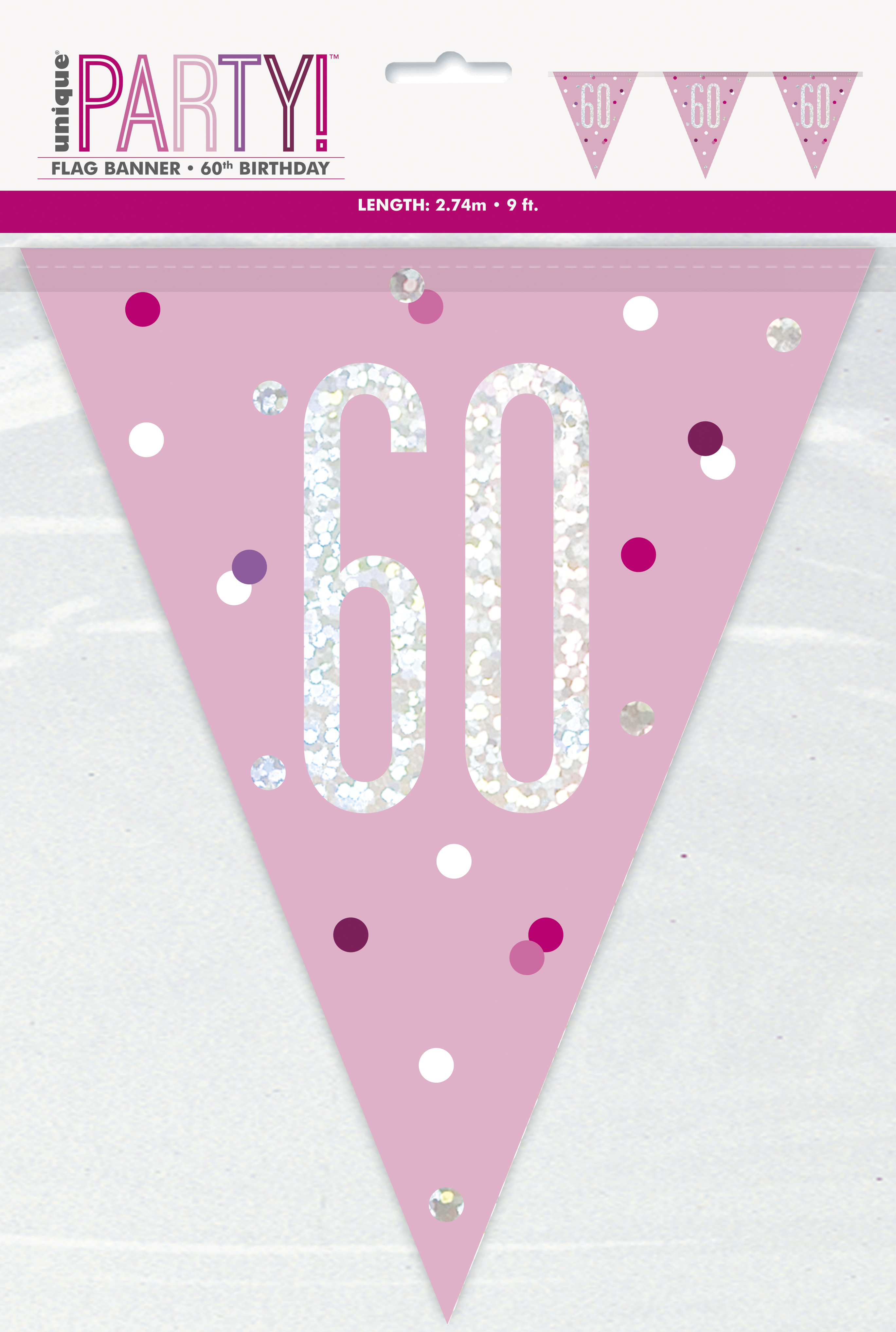 60th Birthday Glitz Pink Prismatic Plastic Pennant Banner