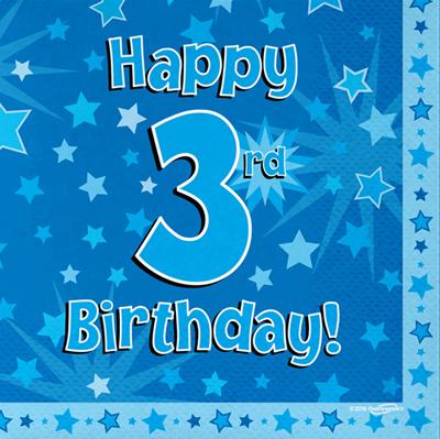 Blue Happy 3rd Birthday 3ply Napkins 33cm x 33cm - 16pk