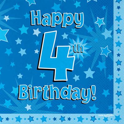 Blue Happy 4th Birthday 3ply Napkins 33cm x 33cm - 16pk