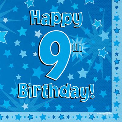 Blue Happy 9th Birthday 3ply Napkins 33cm x 33cm - 16pk