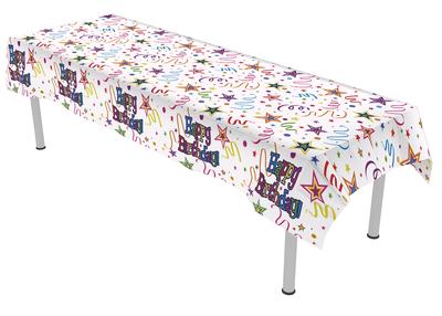 Happy Birthday Ribbons and Stars Colourfast Plastic Table Cover (137cm x 2.6m) - 1pc