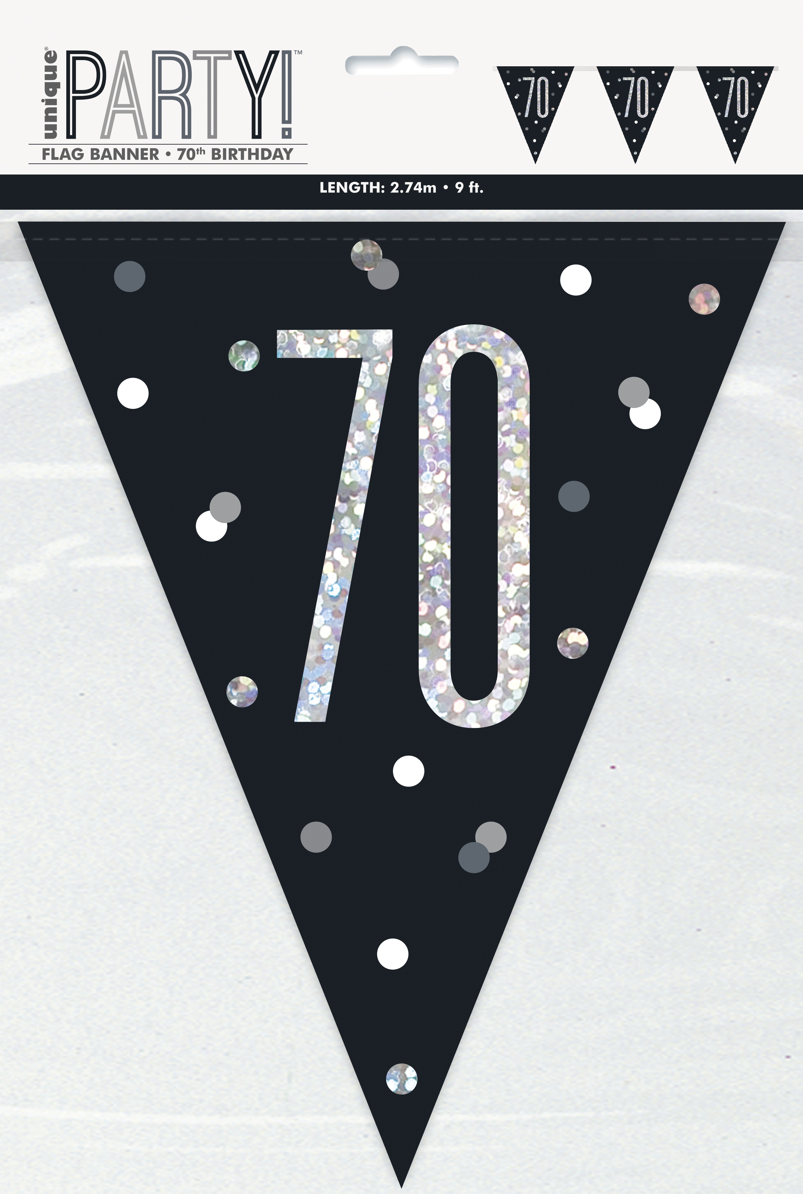 70th BIRTHDAY GLITZ BLACK PRISMATIC PLASTIC PENNANT BANNER