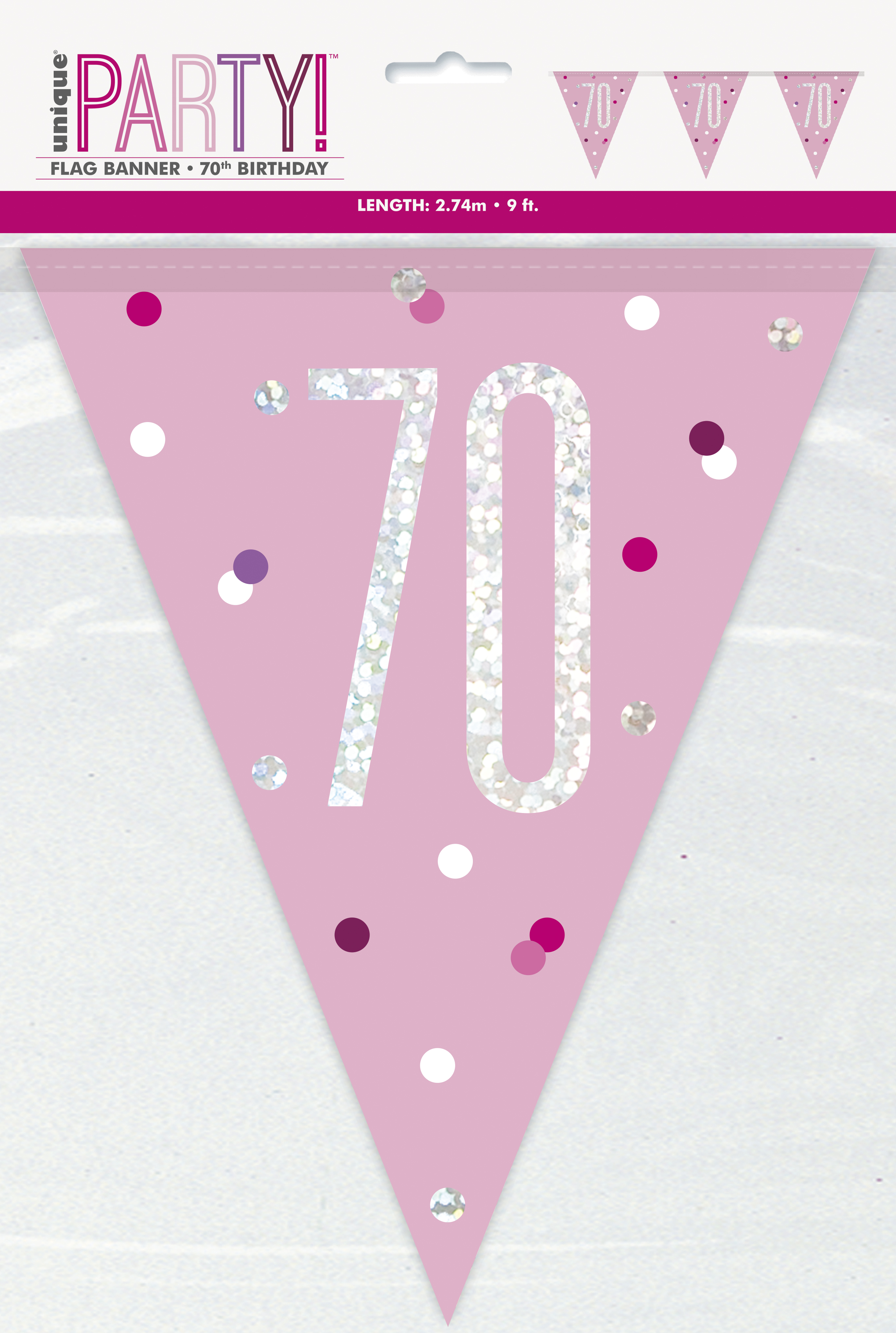 70th Birthday Glitz Pink Prismatic Plastic Pennant Banner