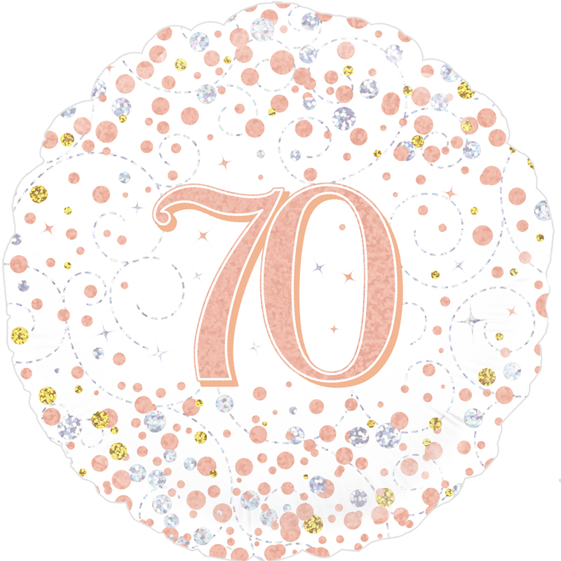 70th Sparkling Fizz Birthday White & Rose Gold Holographic 18 Inch Foil Balloon