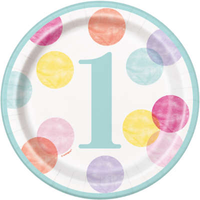 Pink Dots 1st Birthday Round 7" Dessert Plates Pack of 8