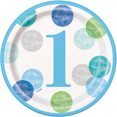 Blue Dots 1st Birthday Round 7 Inch Dessert Plates Pack of 8