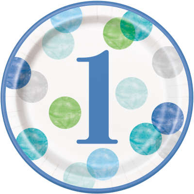 Blue Dots 1st Birthday Round 9 Inch Dinner Plates Pack of 8
