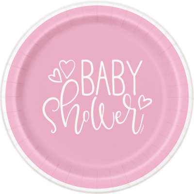 Baby Shower Pink Hearts Round 7 Inch Dessert Plates Pack of 8