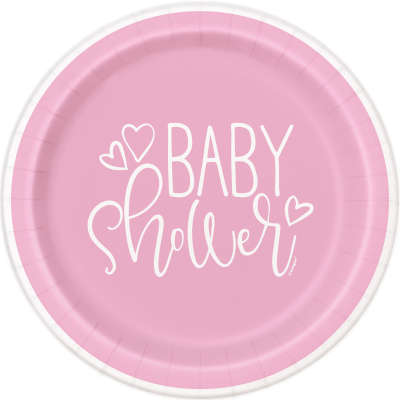 Baby Shower Pink Hearts Round 9 Inch Dinner Plates Pack of 8