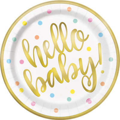 Baby Shower Round 9 Inches Gold Dinner Plates Pack of 8  - Foil Boar