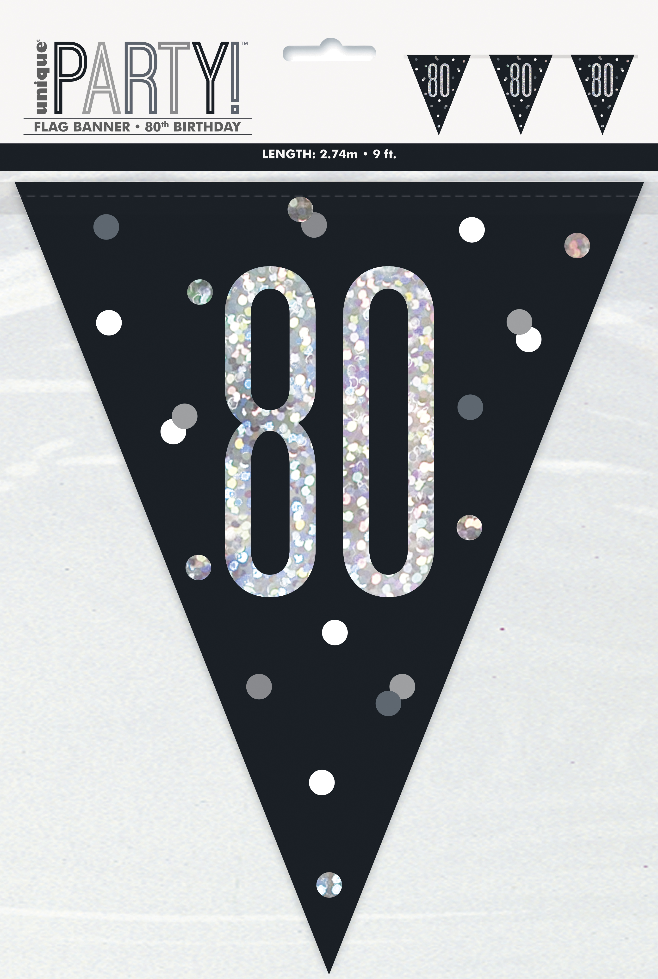 80th BIRTHDAY GLITZ BLACK PRISMATIC PLASTIC PENNANT BANNER