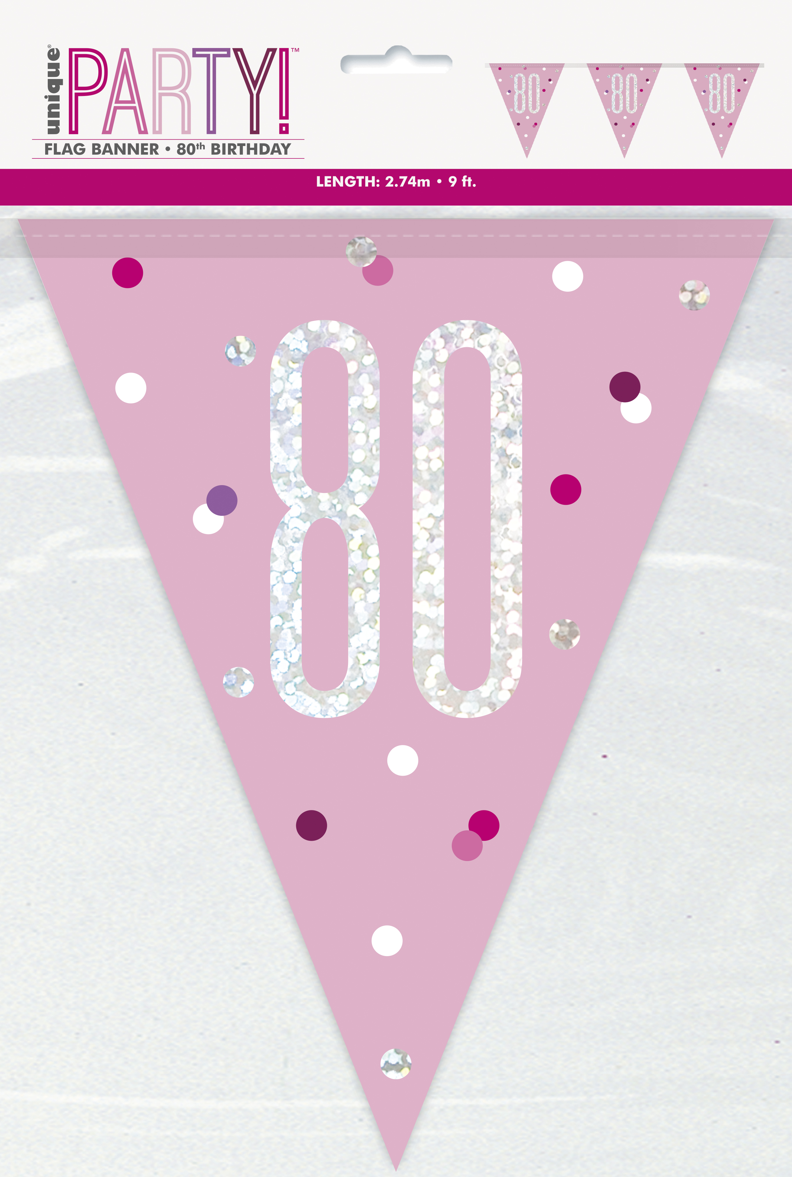 80th Birthday Glitz Pink Prismatic Plastic Pennant Banner