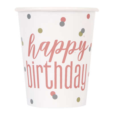 Happy Birthday Glitz Rose Gold Cups 9oz Pack of 8