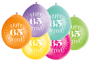 9" HAPPY 65TH BIRTHDAY ASSORTED COLOR BALLOONS