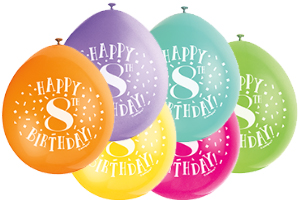 9" Happy 8th Birthday Assorted Colours Balloons Pack of 10