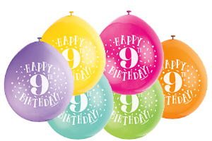 9" Happy 9th Birthday Assorted Colours Balloons Pack of 10