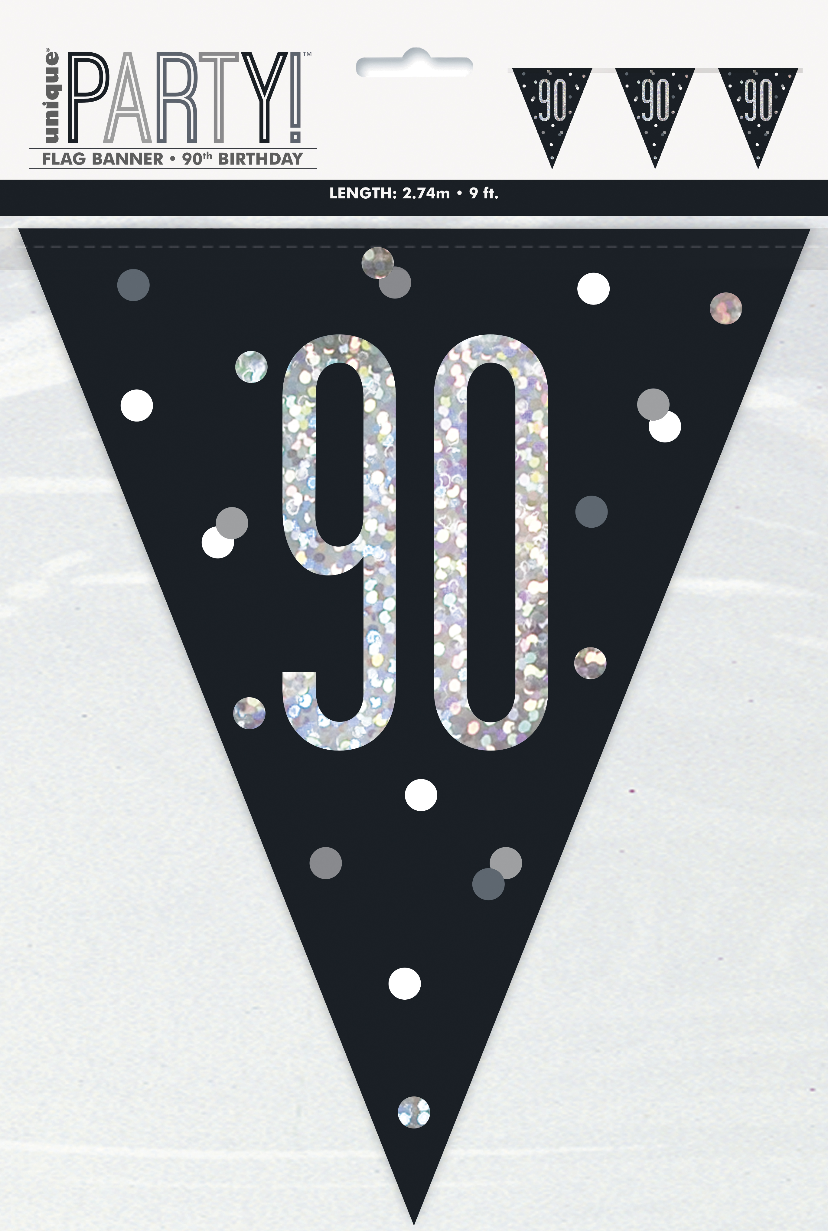 90th BIRTHDAY GLITZ BLACK PRISMATIC PLASTIC PENNANT BANNER