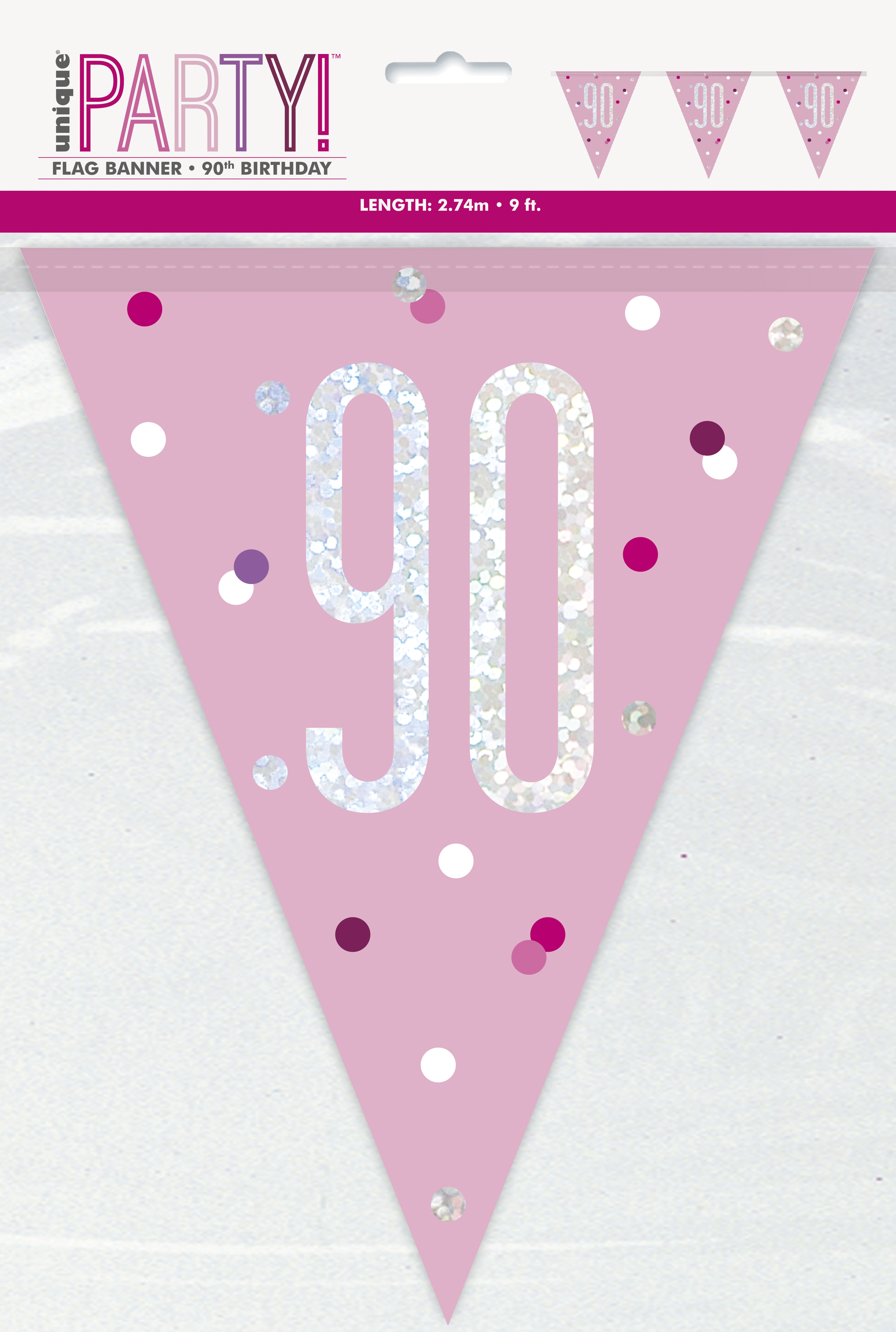 90th Birthday Glitz Pink Prismatic Plastic Pennant BannerR