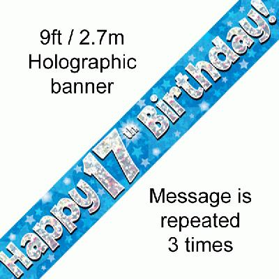 9ft Banner Happy 17th Birthday Blue Holographic