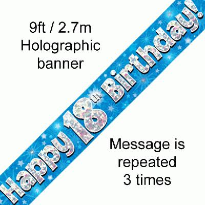 9ft Banner Happy 18th Birthday Blue Holographic