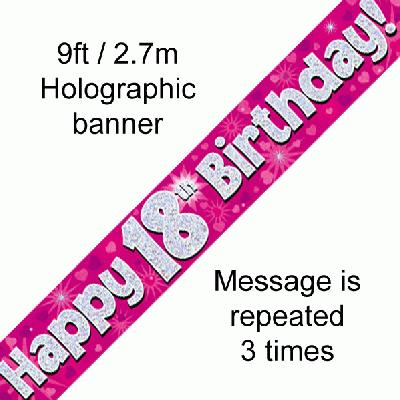 9ft Banner Happy 18th Birthday Pink Holographic