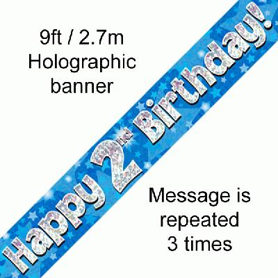 9ft Banner Happy 2nd Birthday Blue holographic