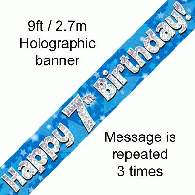 9ft Banner Happy 7th Birthday Blue holographic