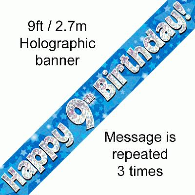 9ft Banner Happy 9th Birthday Blue holographic