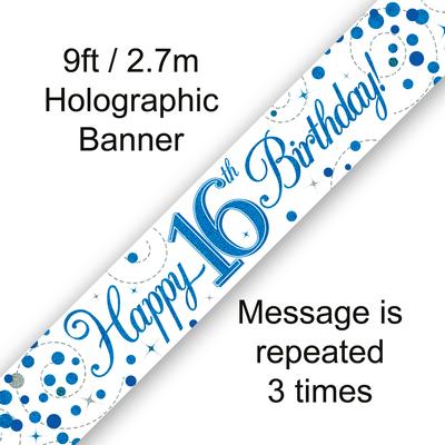 9ft Banner 16th Sparkling Fizz Birthday Blue Holographic