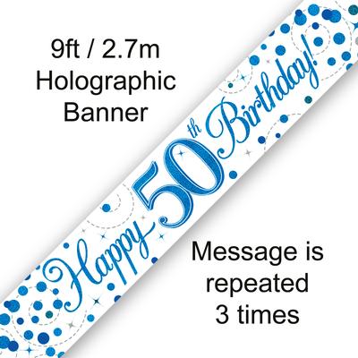 9ft Banner 50th Sparkling Fizz Birthday Blue Holographic