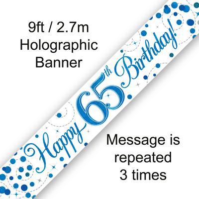 9ft Banner 65th Sparkling Fizz Birthday Blue Holographic