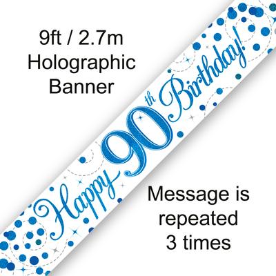 9ft Banner 90th Sparkling Fizz Birthday Blue Holographic