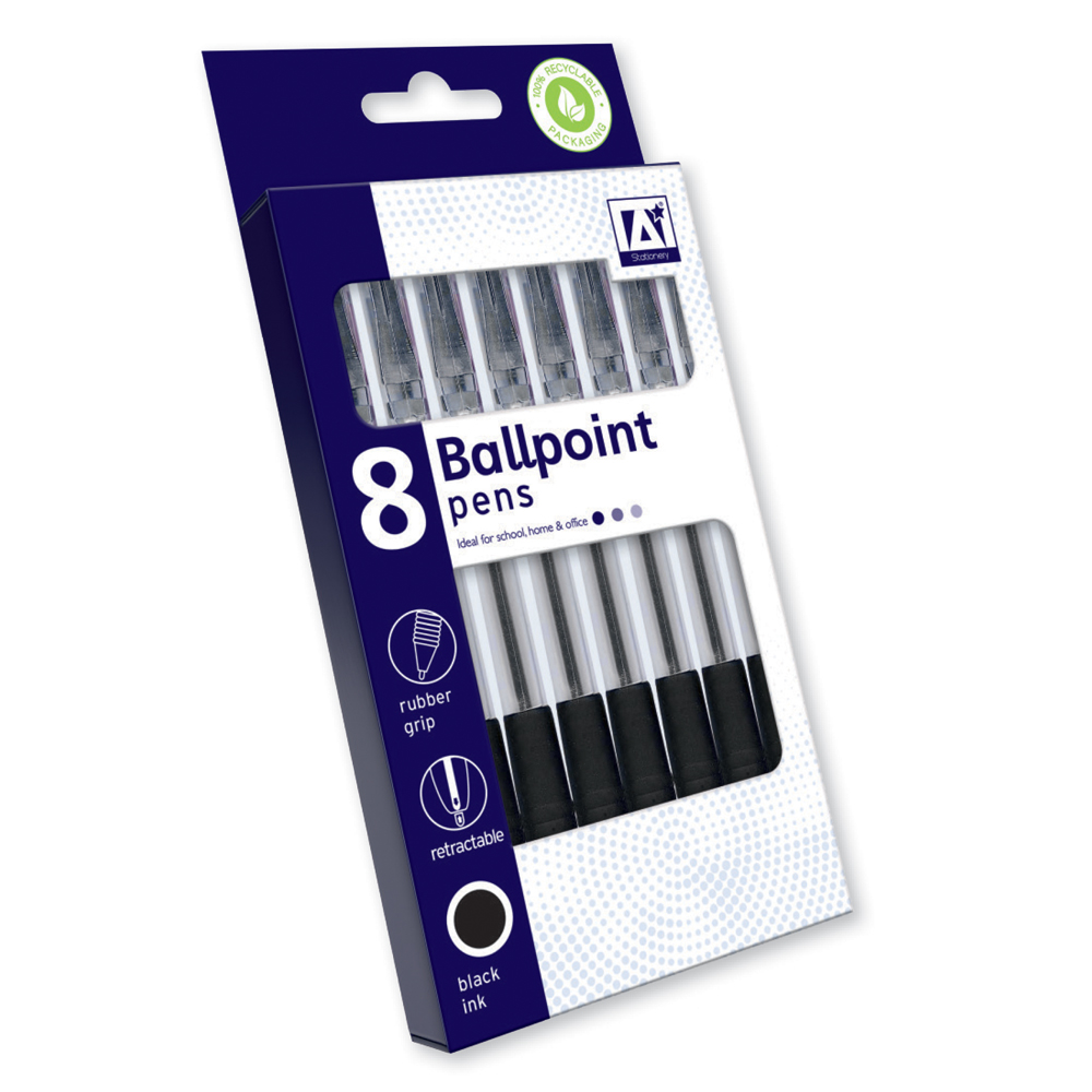 8 Retractable B/point Pens Blk