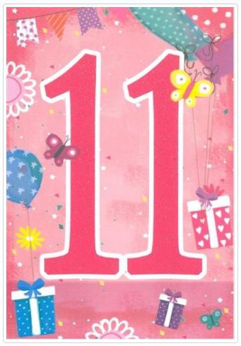 Age 11 Girl Birthday Card - Bright Pink Eleven & Patterned Flowers