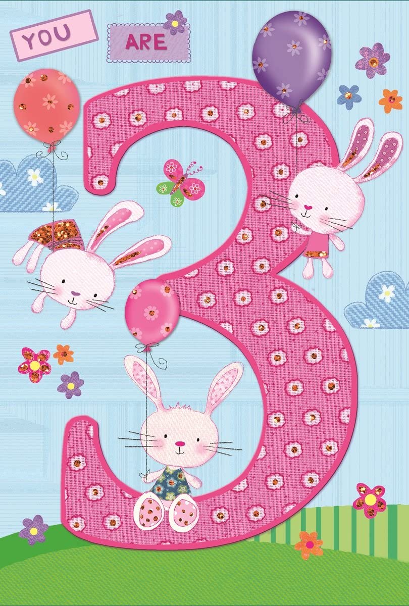 Age 3 Girl Birthday Card - Pink Rabbits, Tiny Flowers & Balloons 7.75" x 5.25"