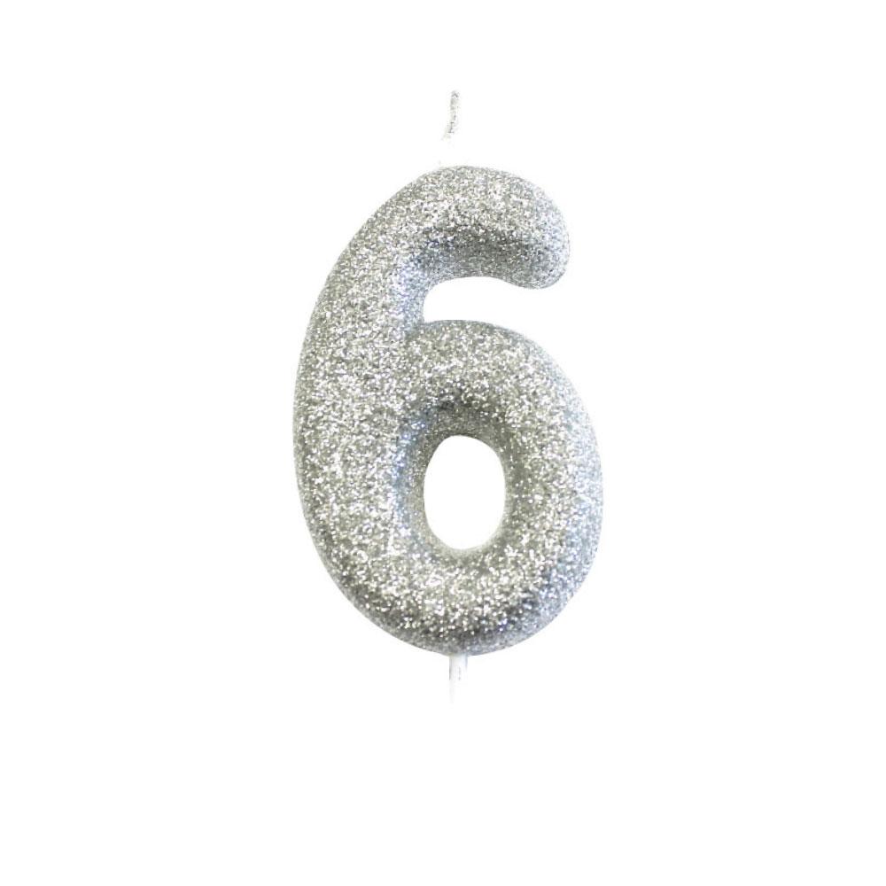 Age 6 Silver Glitter Numeral Moulded Pick Candle