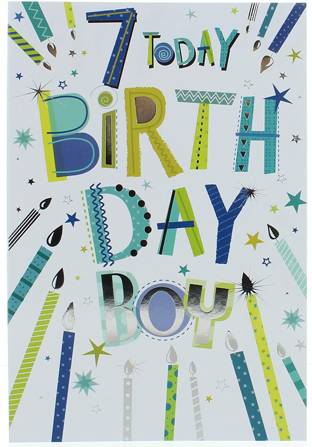 Age 7 Boy Birthday Card - Big Yellow Crane & Multicoloured Stars 7.75" x 5.25" 