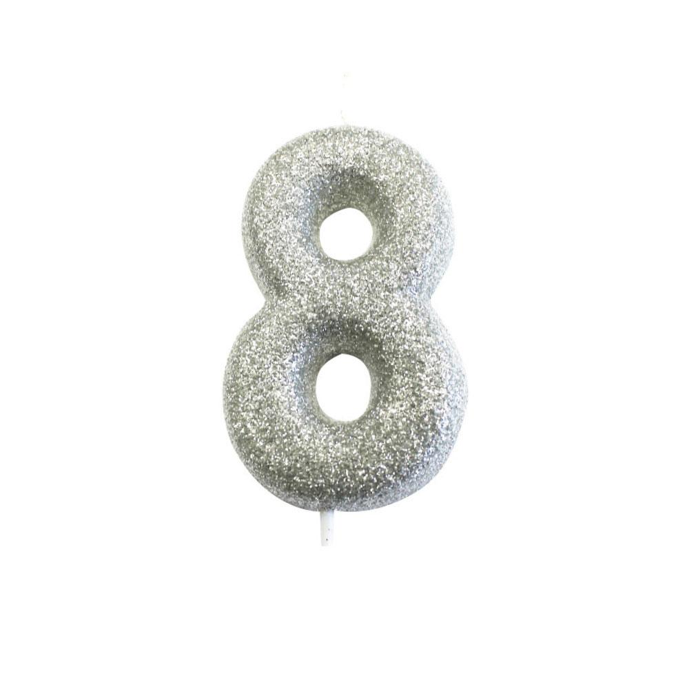 Age 8 Silver Glitter Numeral Moulded Pick Candle