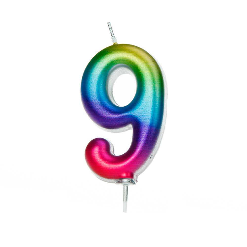 Age 9 Rainbow Metallic Numeral Moulded Pick Candle