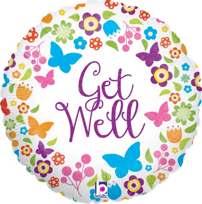 Betallic Butterflies & Flowers Get Well Holographic 18 Inch Foil Balloon