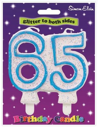Blue Number 65 Glittered Birthday Candle